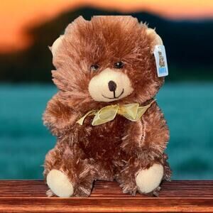 Goffa Teddy Bear 9" Plush Stuffed Animal Brown Yellow Ribbon Baby Shower Gift